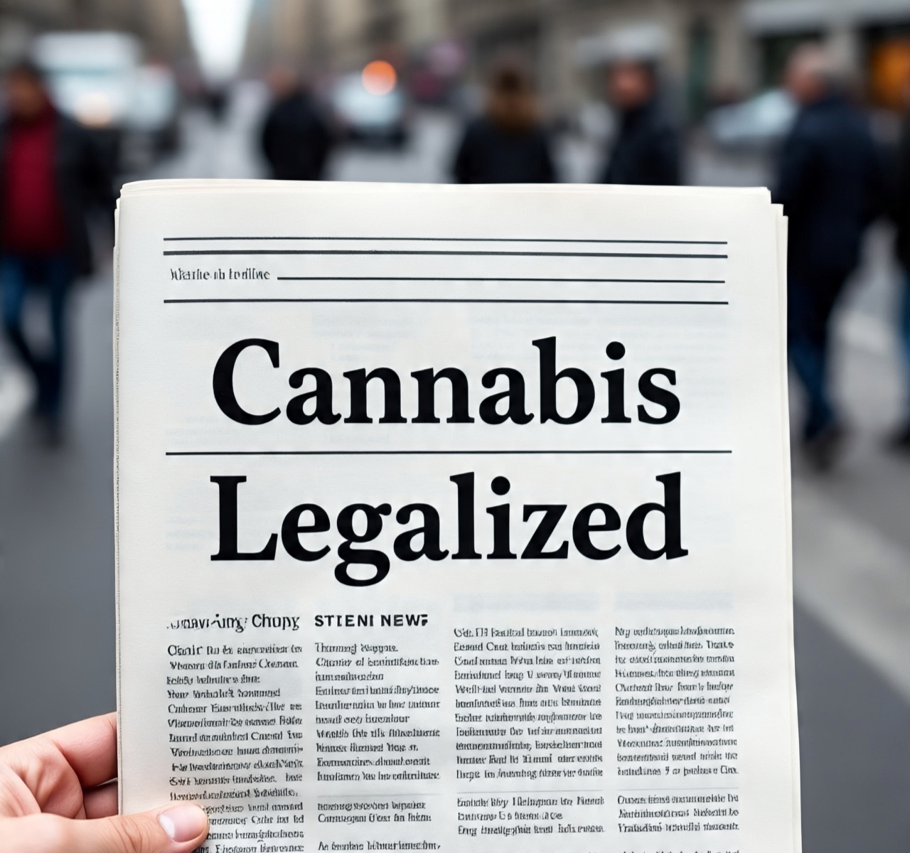 UK newspaper with headline announcing cannabis legalization.