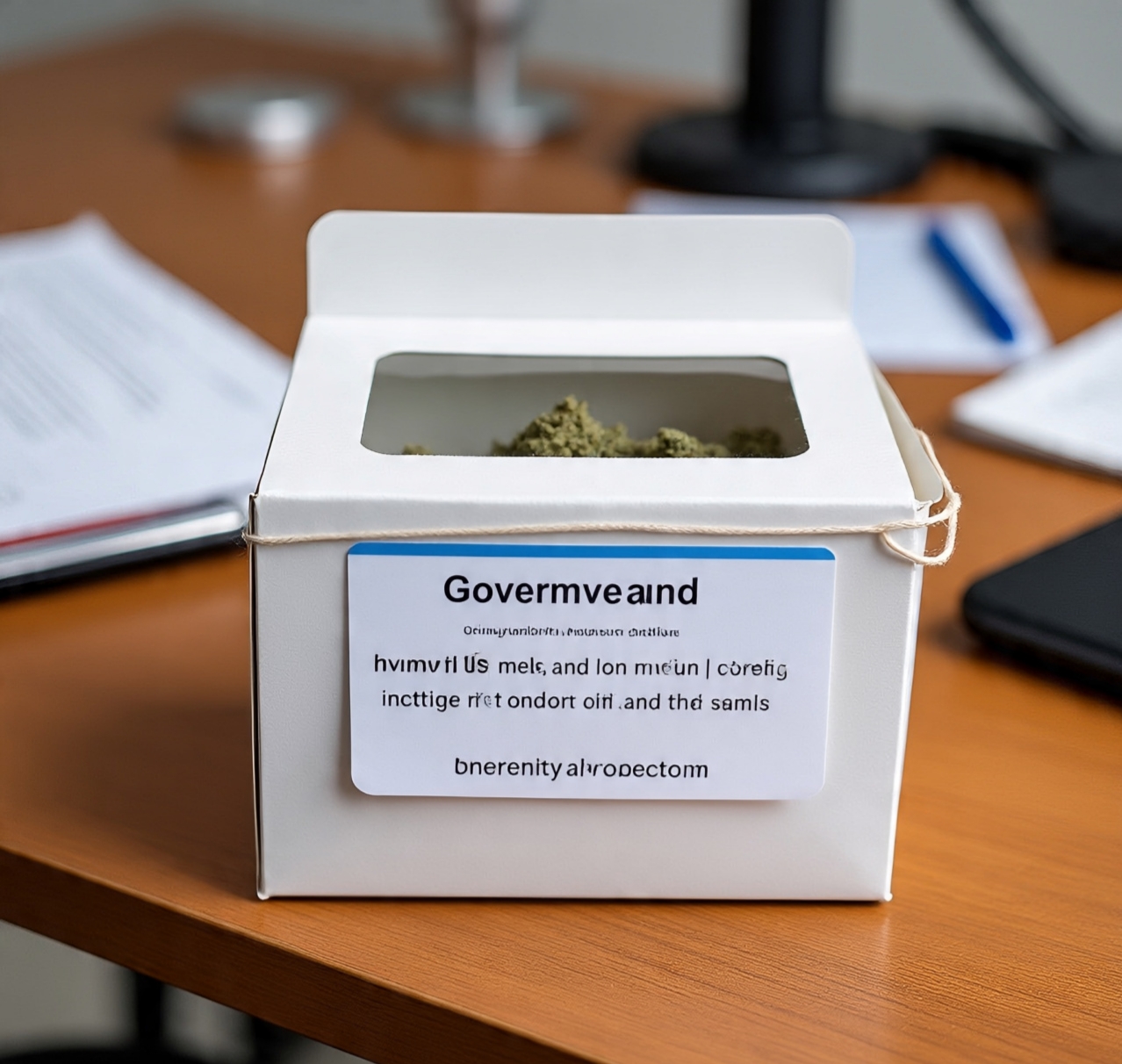 Government-approved medical cannabis packaging with prescription label in the UK.