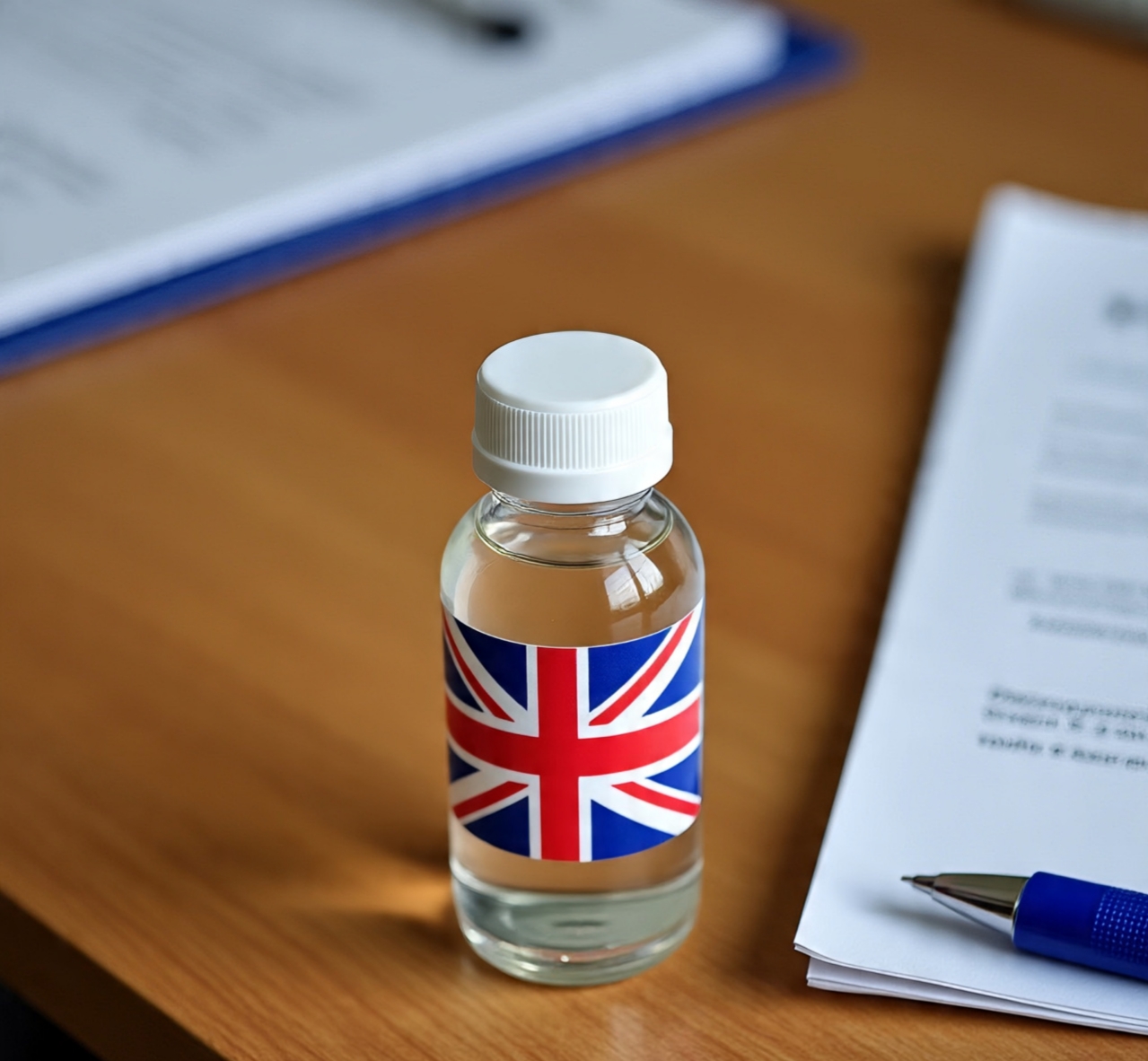 Medical cannabis bottle with the UK flag symbolizing growing access to cannabis treatment in the United Kingdom.