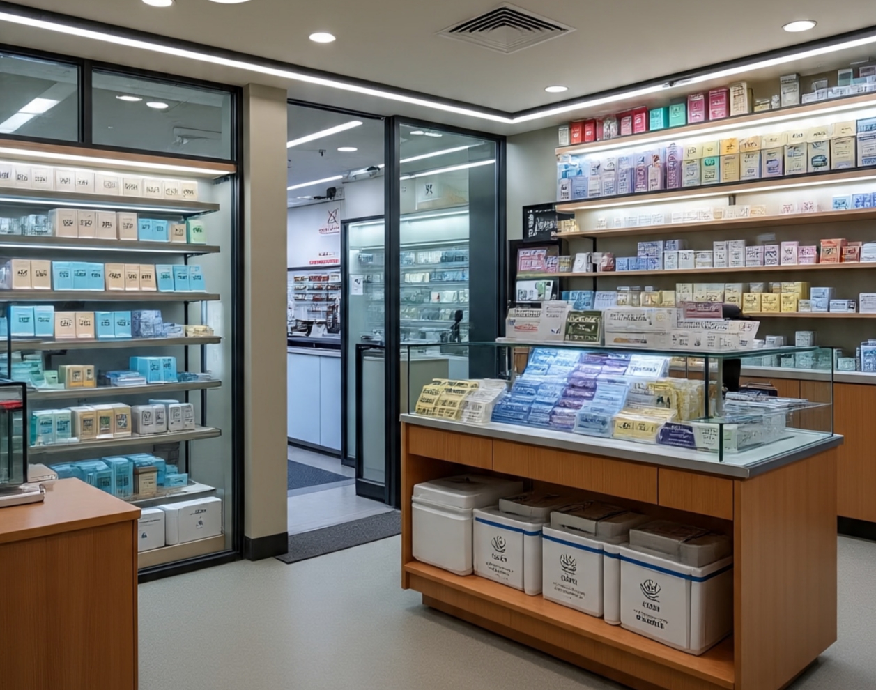 Interior of a UK-licensed medical cannabis dispensary with security measures and labeled products.